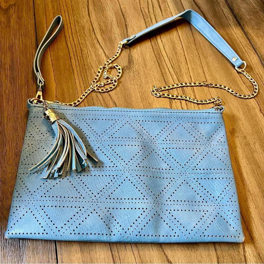MMS Light Blue Laser Cut Geometric Crossbody Bag Tassel Gold Chain Boutique